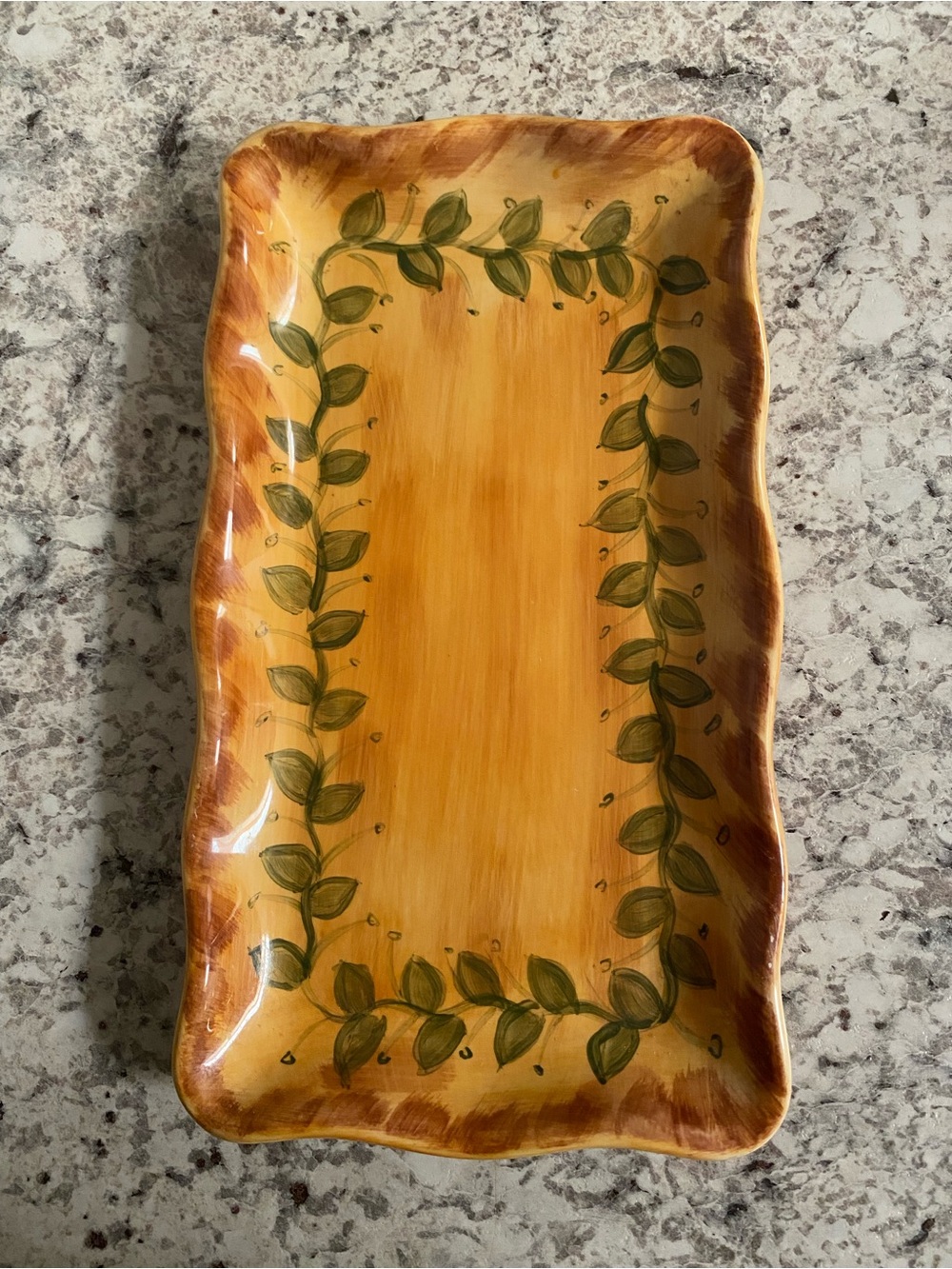 Hand-Painted Ceramic Serving Tray - Yellow with Green Leaf Motif